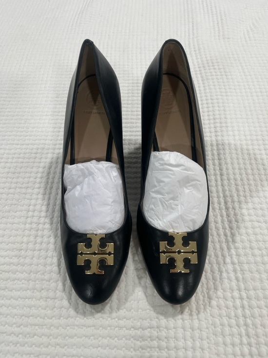 Tory Burch Shoes - Tory Burch Black Leather Wedge Pumps Gold Logo Size 11M Classic Quiet luxury